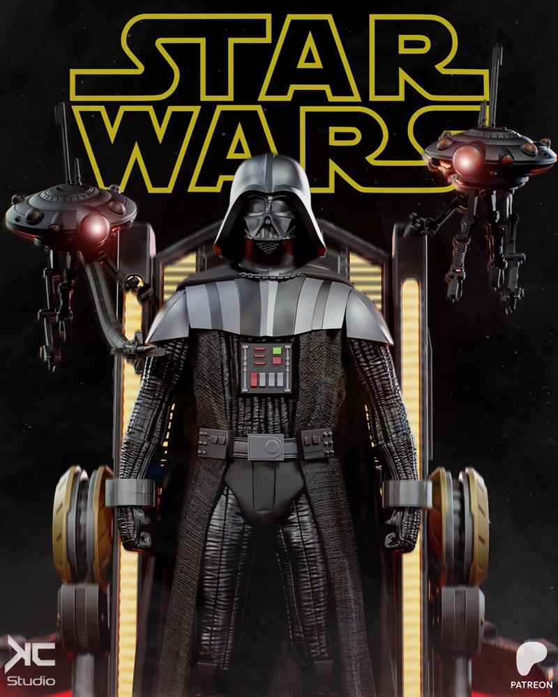 Darth Vader seated on a throne, flanked by two droids, wearing his iconic black armor and helmet. Star Wars logo in t...