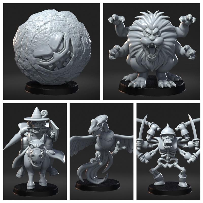 Collection of Dragon Quest 3D printable models: a rocky monster, a multi-armed lion, a skeleton on a horse, a bird-li...