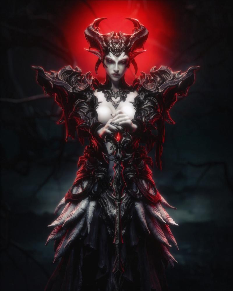 Demon queen with large horns and ornate black armor, red glow behind her, hands clasped at chest, detailed feathered...