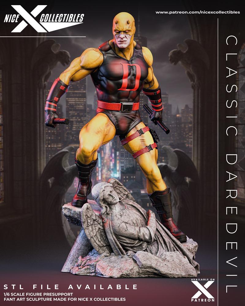 Classic Daredevil 1/6 scale 3D model figure, posed heroically on a stone angel statue, wearing a red and black suit w...