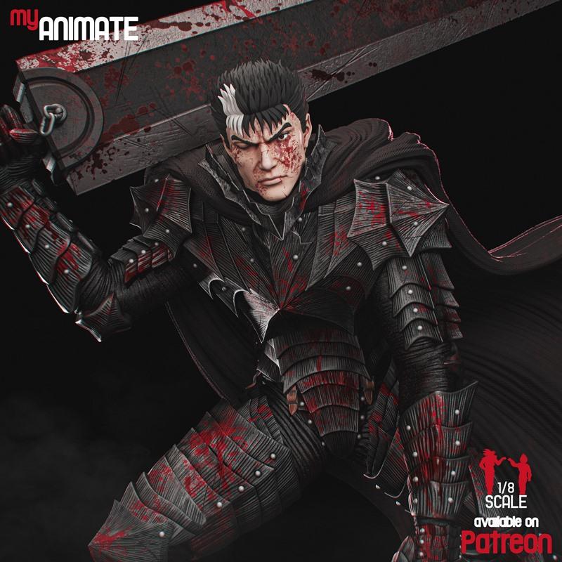 Guts from Berserk in full armor, covered in blood, holding a giant sword. 1/8 scale 3D print model by MyAnimate.