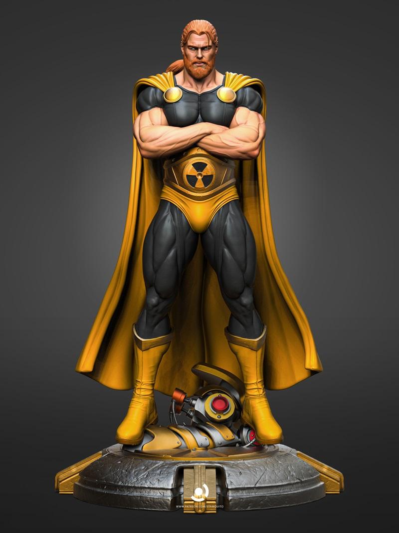 Hyperion, a muscular superhero with red hair and a beard, stands with arms crossed wearing a black and yellow costume...