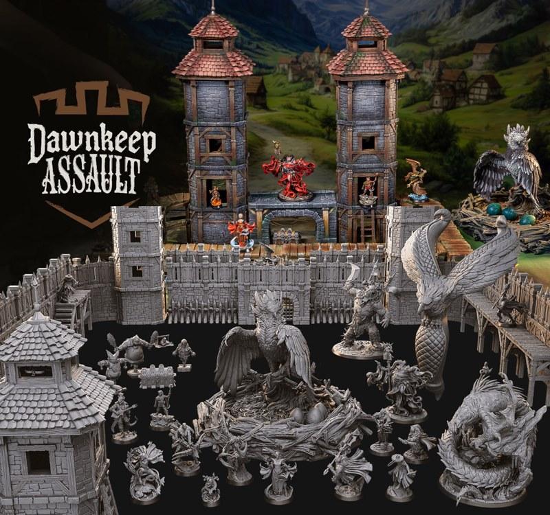 3D printable fantasy diorama set "Dawnkeep Assault" by Loot Studios, featuring a stone fortress, towers, dr...