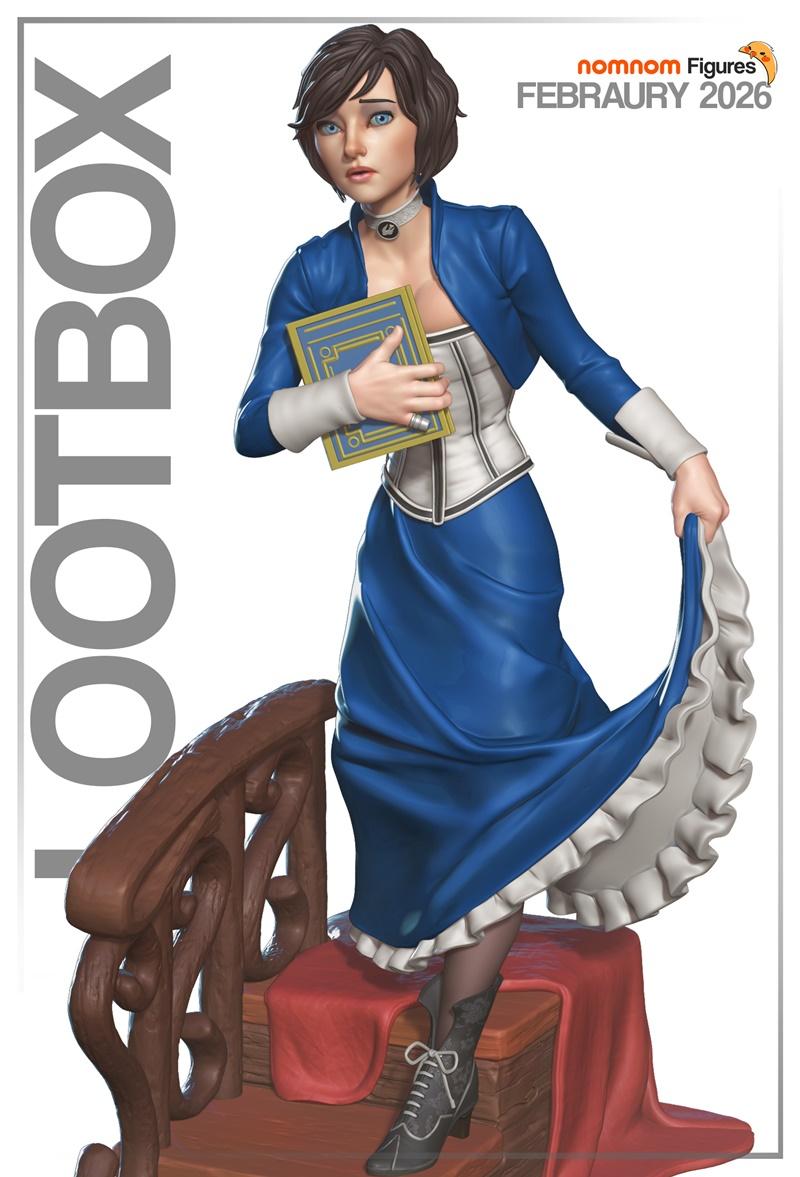 Elizabeth from Bioshock Infinite, a 3D printable figure by Nomnom Figures, wearing a blue dress and corset, holding a...
