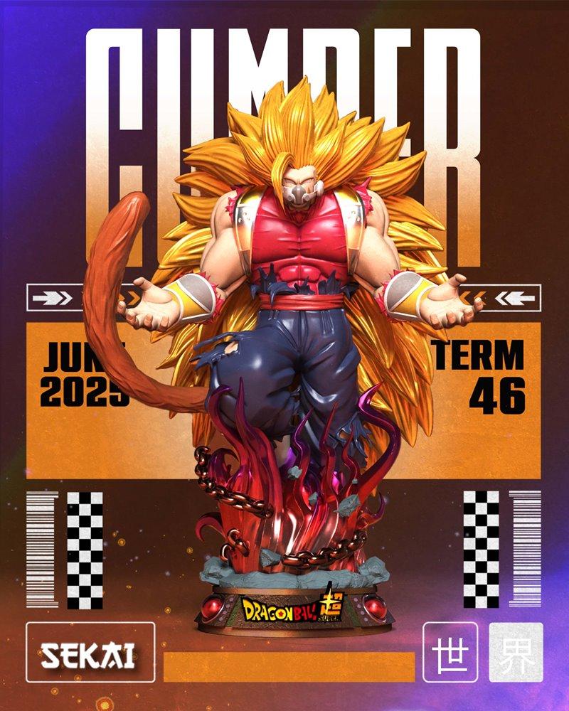 Sekai studio 3D model STL of Cumber from Dragon Ball, depicted as a muscular Super Saiyan with spiky blonde hair, red...