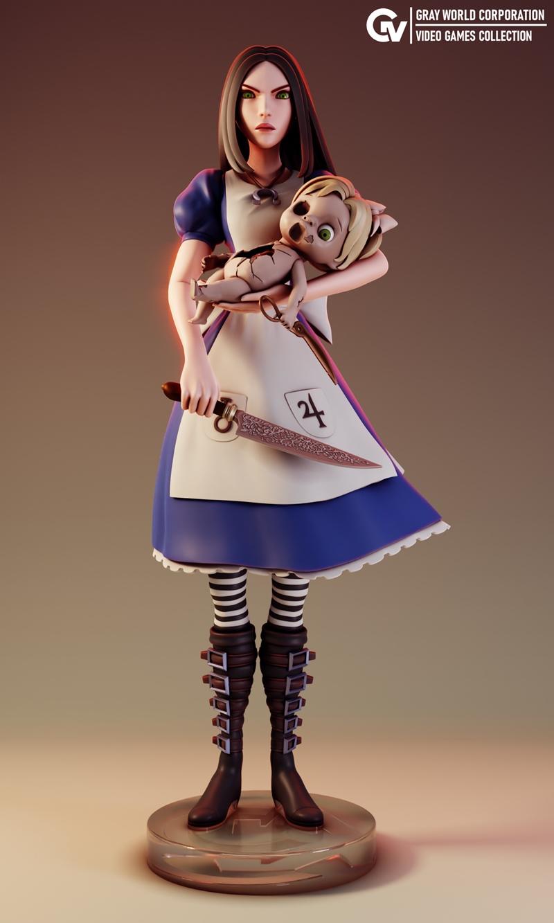 3D model of Alice in a blue dress holding a cracked doll and a knife, wearing striped stockings and buckled boots, da...