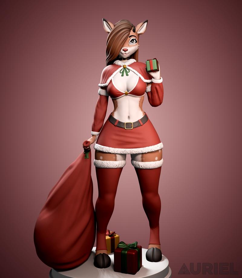Anthropomorphic deer character in a revealing Santa outfit, holding a gift sack and a present. Auriel studio model.