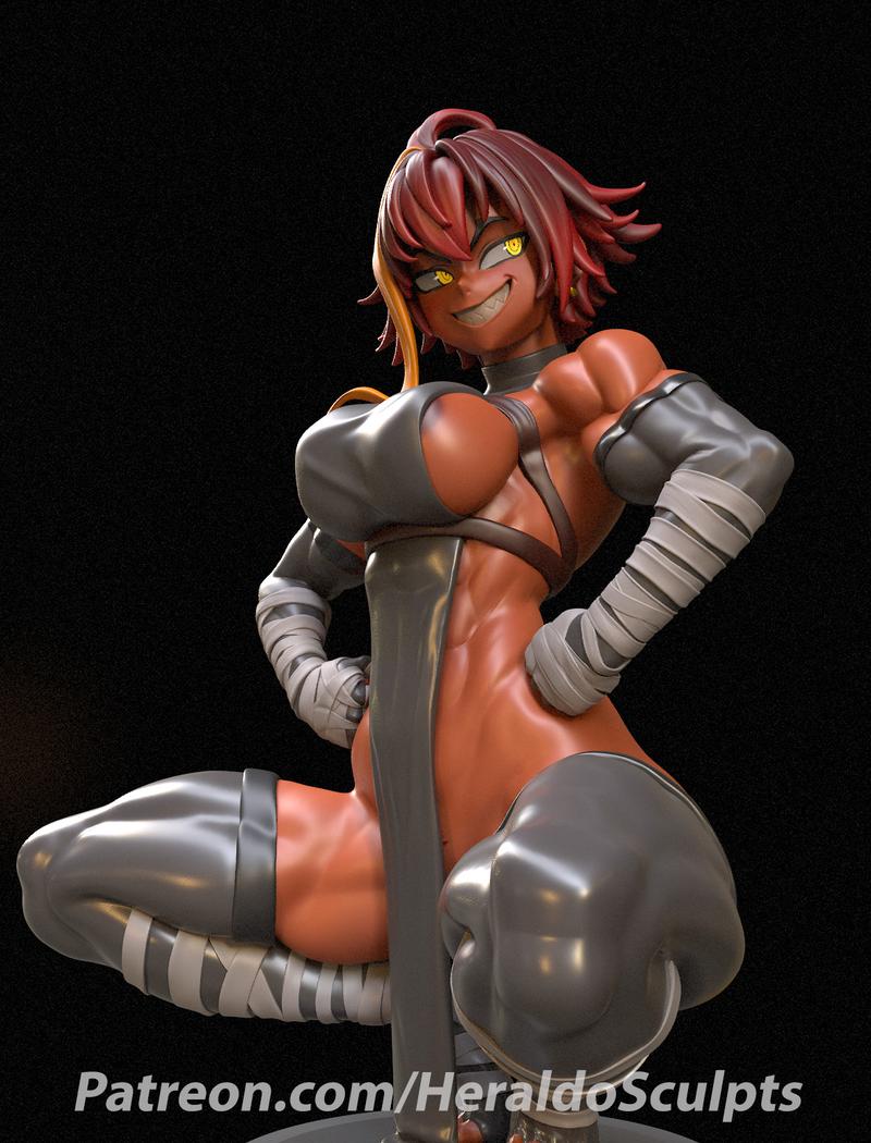 Muscular female character with red spiky hair, yellow eyes, and a wide grin, wearing a revealing grey outfit and band...