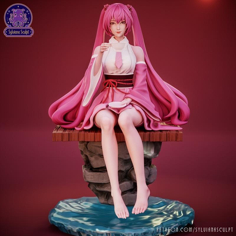 Hatsune Miku Sakura figure by Sylviana Sculpt, sitting on a wooden platform over rocks and water, holding a teacup an...