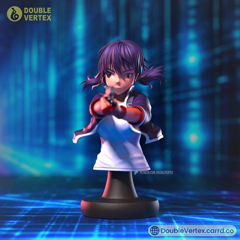 3D printable bust of Uezono Minami from EX-ARM, holding a gun forward, anime style, purple twin-tail hair, on a black...