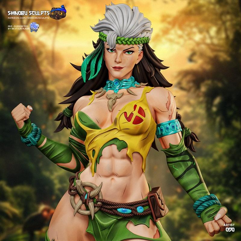 Shinobu Sculpts 3D model of Marvel's Rogue, a muscular woman in a tribal-style green and yellow outfit, wearing a bra...