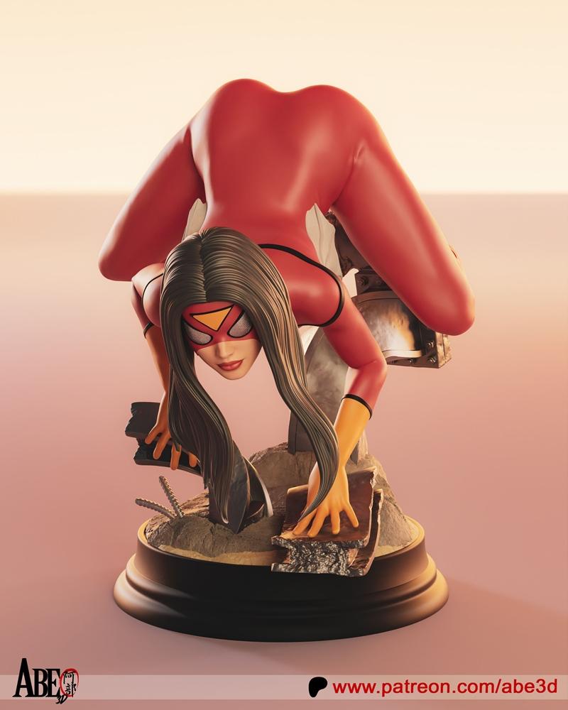 Jessica Drew Spiderwoman 3D model figure in a low crouch, wearing a red suit with yellow gloves and mask, on a detail...