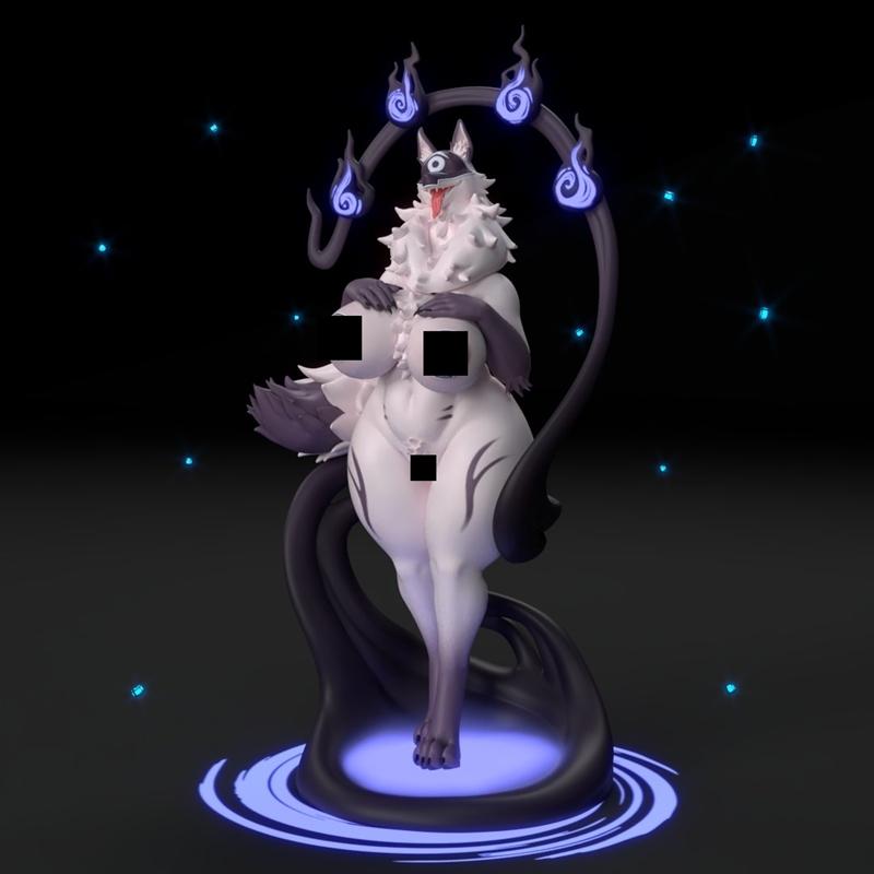 3D printable figure of Haumi, an anthropomorphic wolf creature with white fur, dark accents, and a single eye, posed...