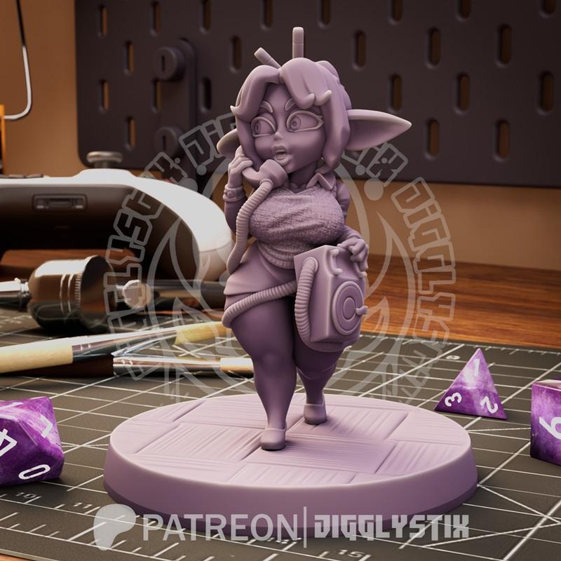 3D model figure of a cute goblin character holding a vintage telephone to her ear, with a coiled cord attached to a p...