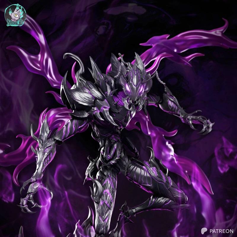 Shadow Beru 3D model figure with dark armor and flowing purple energy, sharp claws, demonic head, and glowing eyes.