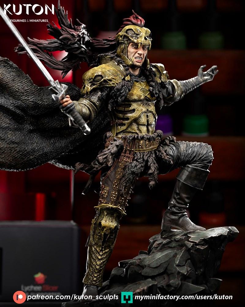 Kurgan from Highlander movie, 3D print model figure by Kuton Figurines. Warrior in ornate skull armor, fur cape, hold...