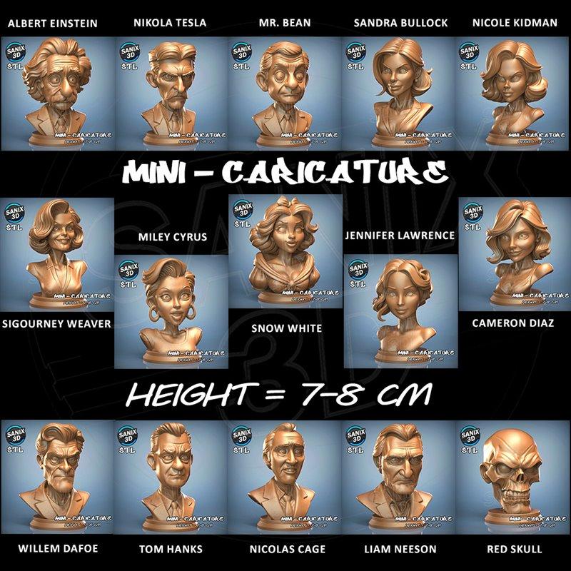 Collection of 3D printed busts in caricature style: Albert Einstein, Nikola Tesla, Mr. Bean, Sandra Bullock, Nicole K...