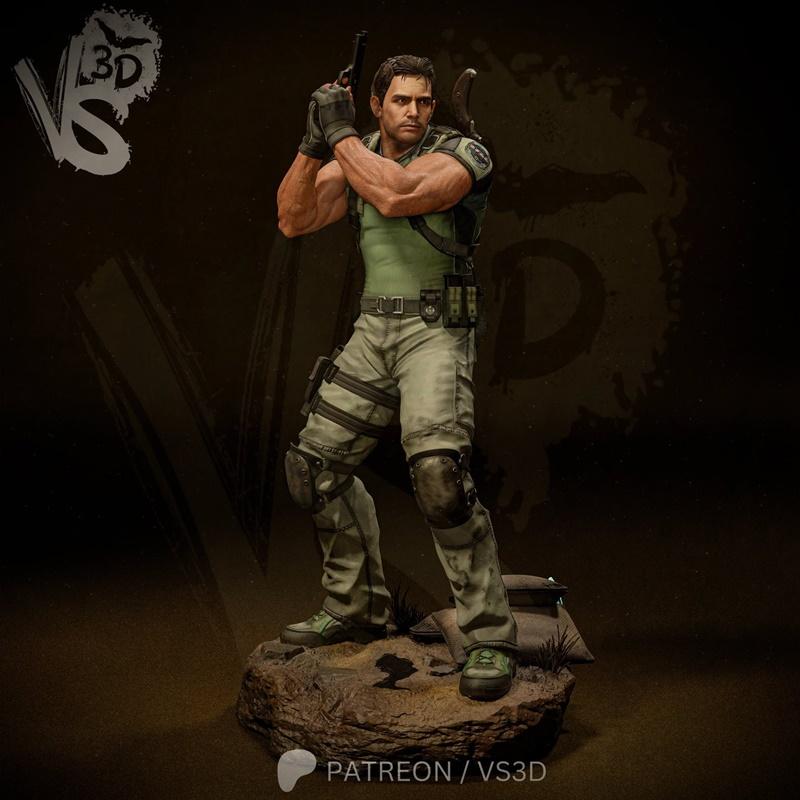 Chris Redfield 3D model in tactical gear, holding a pistol in an action pose, standing on a rocky base. VS3D studio l...