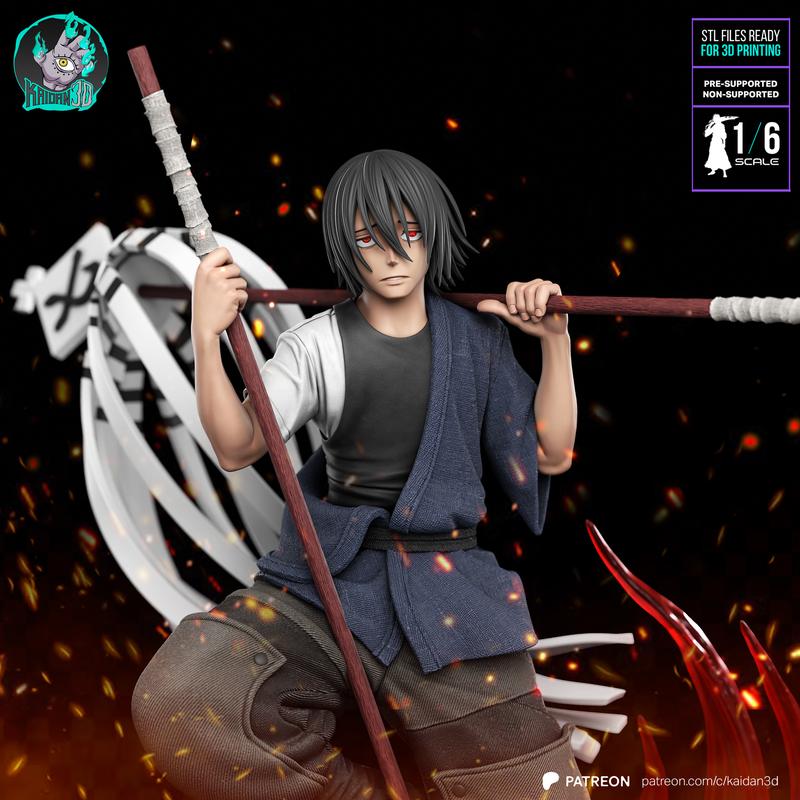Benimaru Shinmon 1:6 scale 3D model figure, holding a staff, wearing a blue haori over a white shirt, with fiery effe...