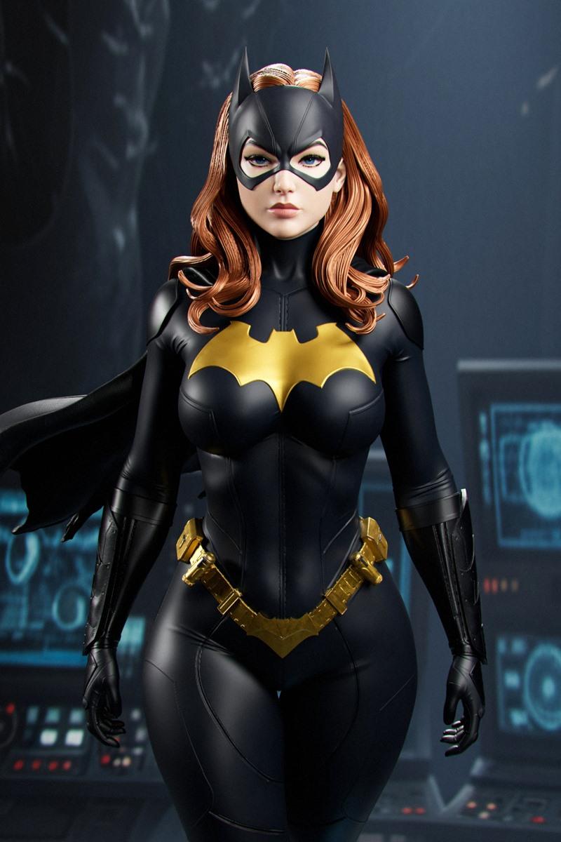 Batgirl in black and gold suit with cowl and cape, standing heroically. Detailed 3D model by Abe3D.