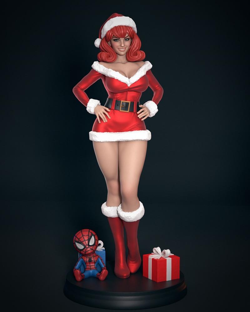 Mary Jane Watson in a red Santa outfit with white fur trim, red hat, and thigh-high boots, standing with hands on hip...