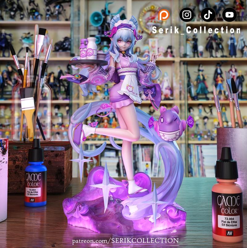 Seraphine from League of Legends in a maid outfit holding a tray, posed on a purple crystalline base with a small cre...