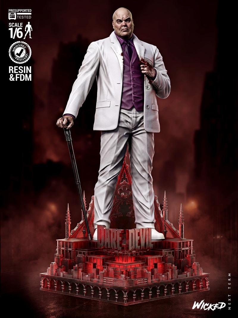 1:6 scale 3D model of Kingpin in a white suit and purple shirt, holding a cane, standing on a red, city-themed dioram...