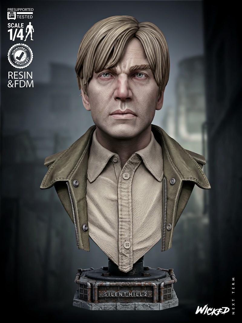 1/4 scale 3D printable bust of James Sunderland from Silent Hill 2, wearing a light brown shirt and green jacket, on...