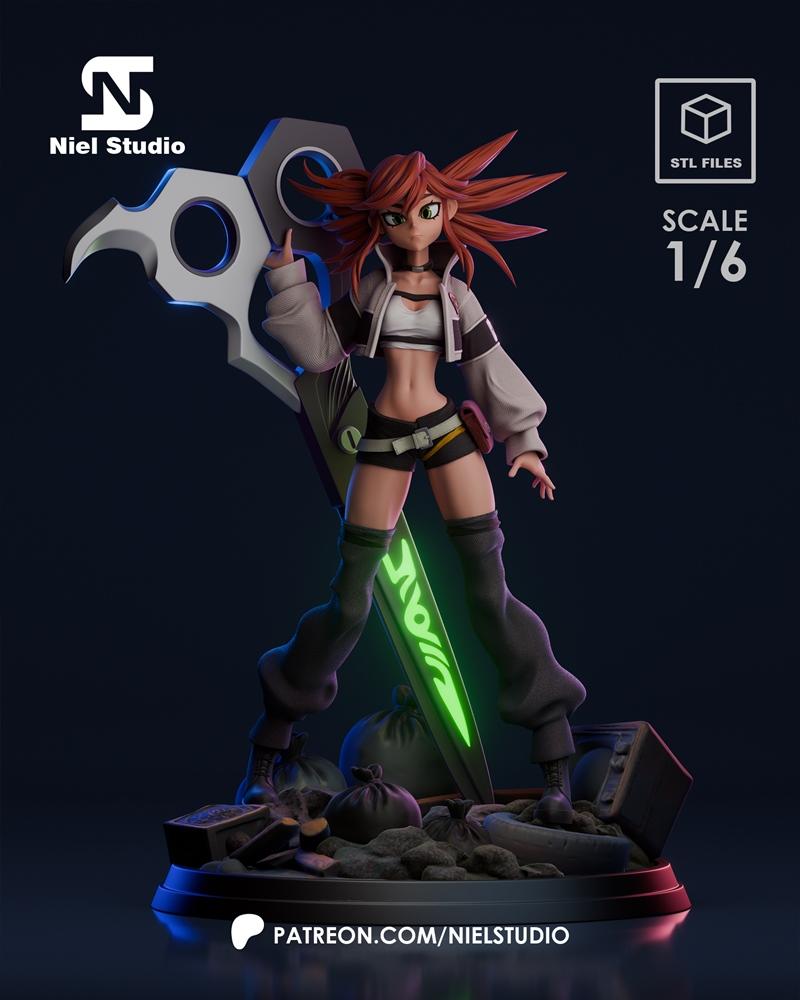 1/6 scale 3D print figure of Riyo Reaper from Gachiakuta, holding a large scythe with a glowing green blade, stylized...