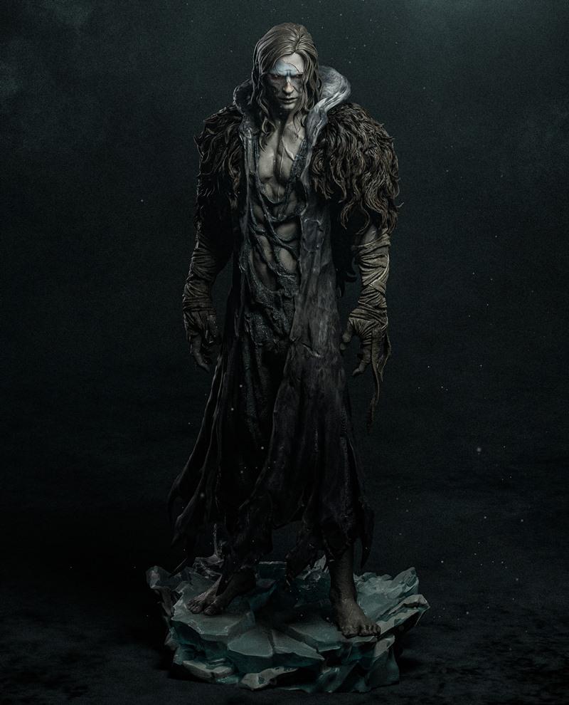 Frankenstein's monster figure by CA 3D Studios, standing barefoot on an icy rock base, wearing a tattered robe and fu...