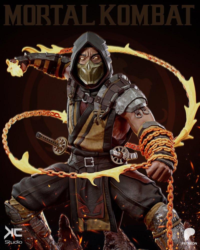 Scorpion from Mortal Kombat in a dynamic pose, wielding a flaming chain weapon. He wears a mask, hood, and detailed a...