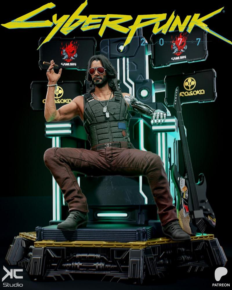 Johnny Silverhand figure from Cyberpunk 2077, seated on a throne with a cigar, prosthetic arm, and guitar. Studio KcS...