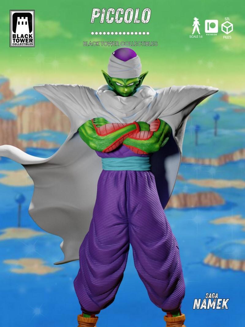 Piccolo figure from Dragon Ball, standing with arms crossed, wearing a white cape, purple pants, and blue sash. The m...