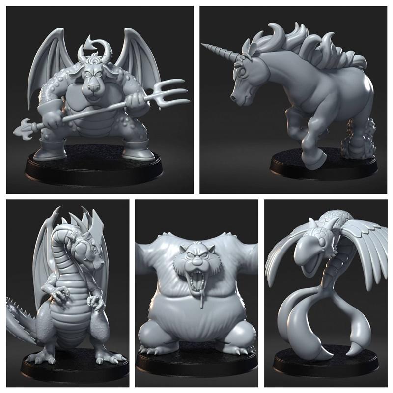 3D print models of Dragon Quest monsters: winged demon with trident, unicorn, dragon, bear-like monster, and serpenti...