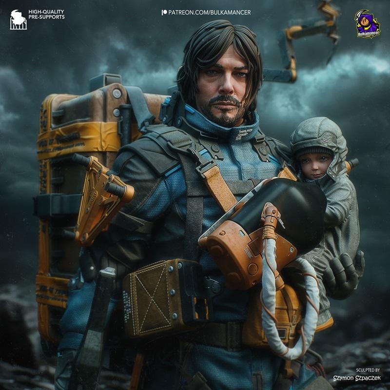 3D model of Sam Porter Bridges from Death Stranding 2, carrying a baby in a carrier, wearing futuristic blue and grey...
