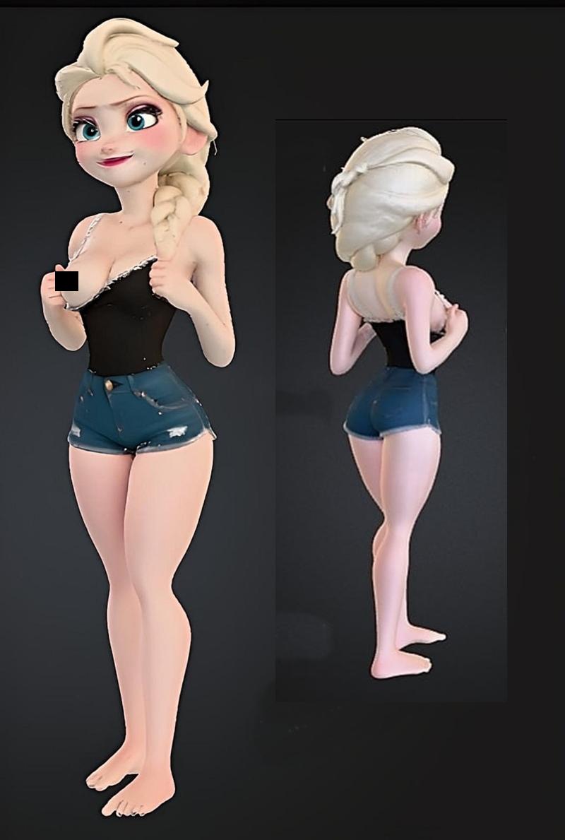 3D model of Elsa from Frozen wearing a black tank top and denim shorts, with her braid over her shoulder and one hand...
