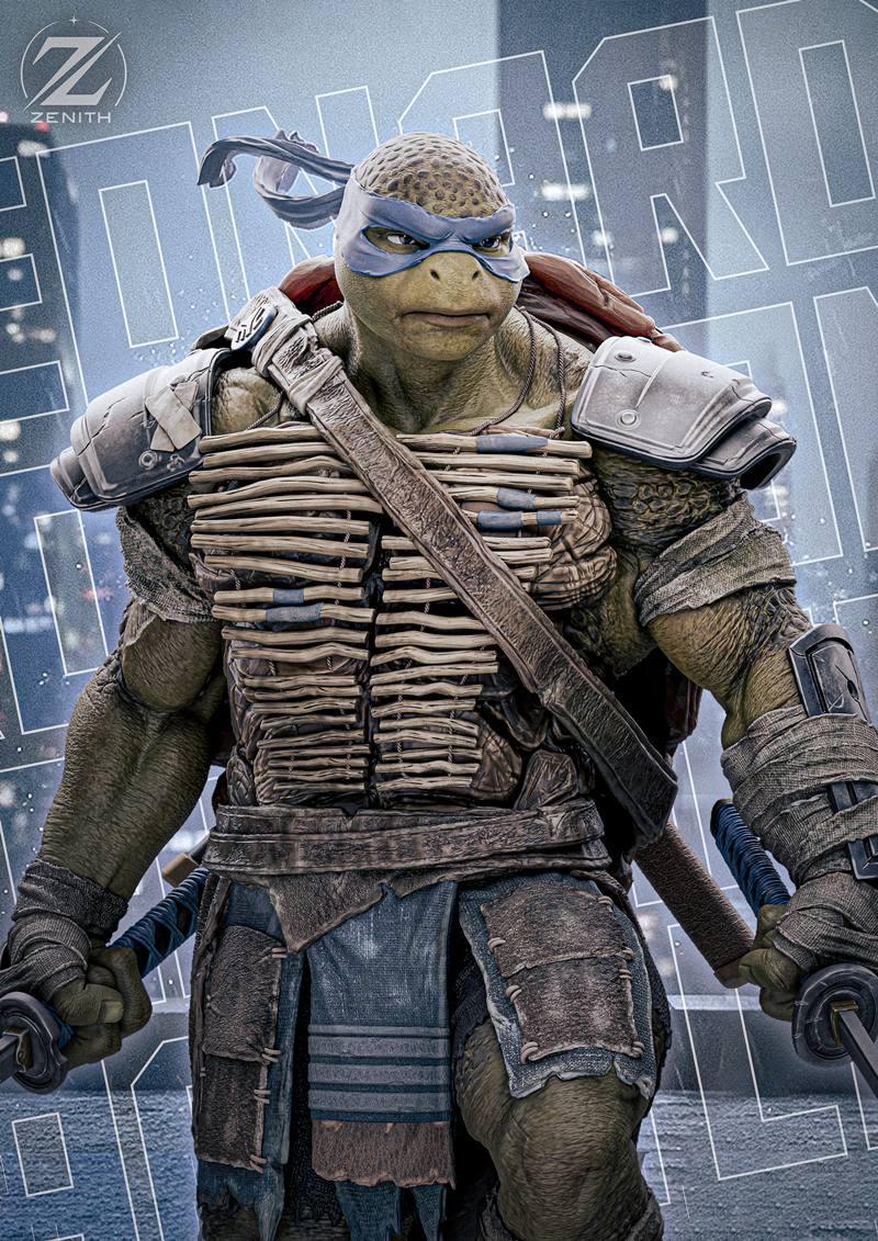 Leonardo, leader of the Teenage Mutant Ninja Turtles, depicted as a 3D printable figure by Zenith Studios. He wears a...