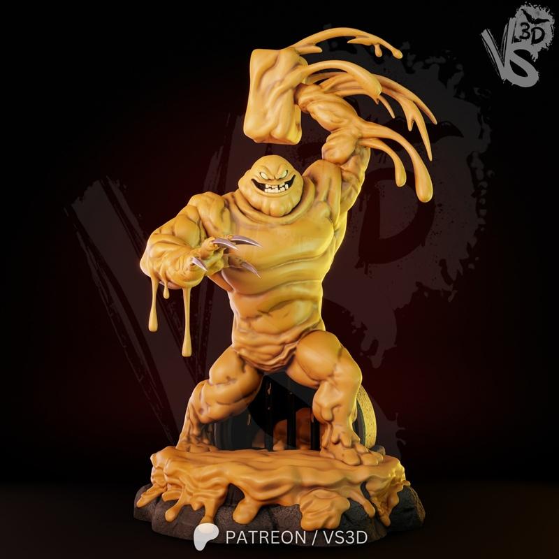 VS3D Clayface 3D model figure, a muscular, mud-like monster with sharp claws and a hammer-shaped arm, standing on a r...
