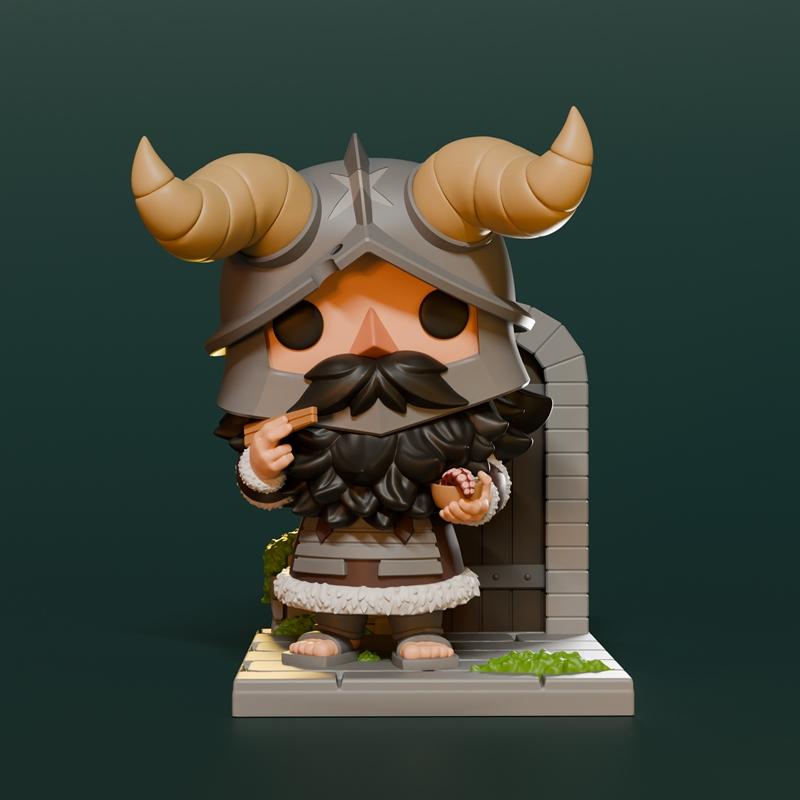 Chibi Senshi from Dungeon Meshi anime, wearing a horned helmet and beard, holding a pipe and food bowl, standing on a...