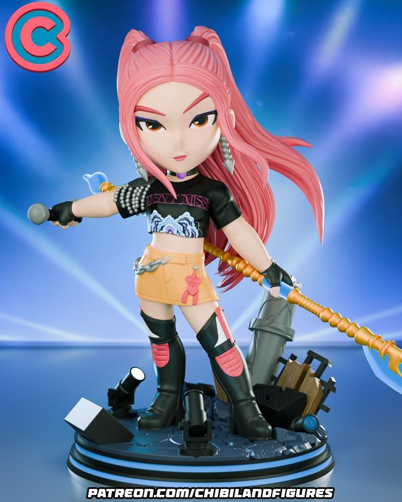 Chibi Mira figure with pink twin-tails, holding a microphone and an axe, wearing a crop top, short skirt, and boots,...