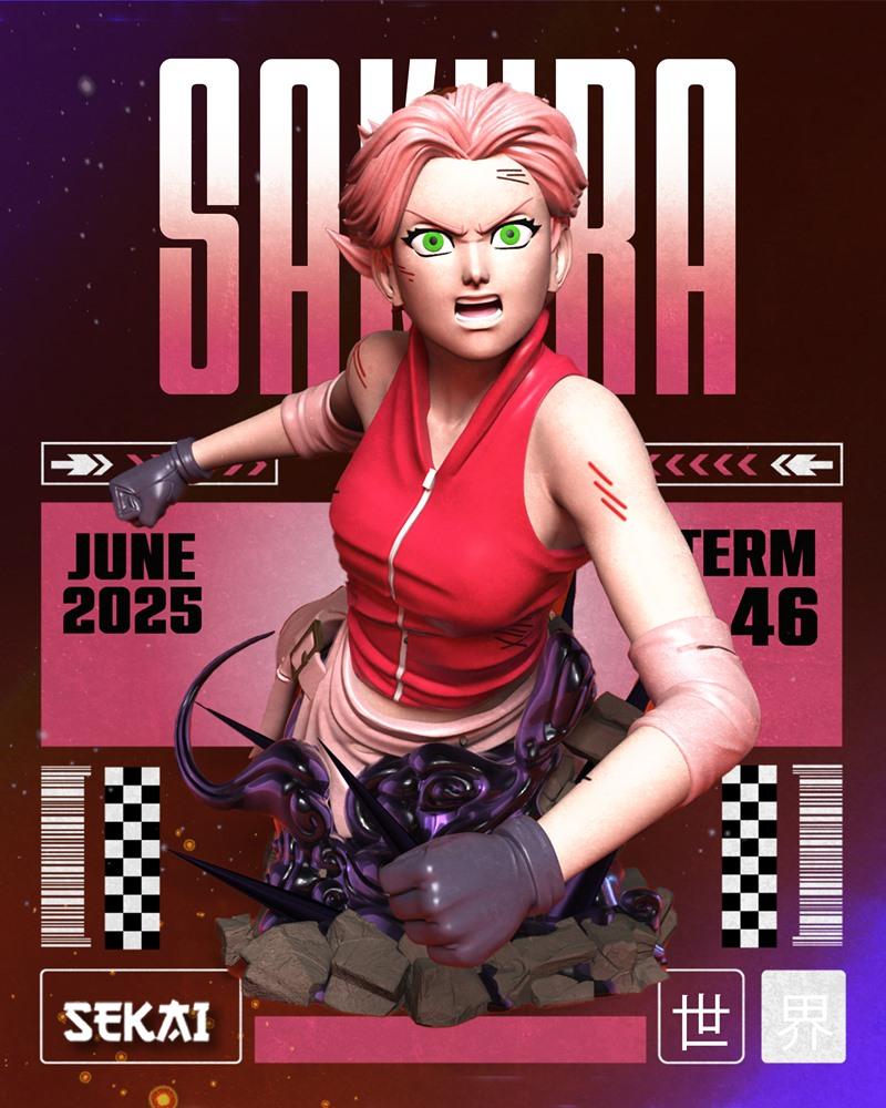 Sakura Haruno bust 3D model by Sekai, anime style, intense expression, pink hair, red jacket, grey gloves, rocky base...