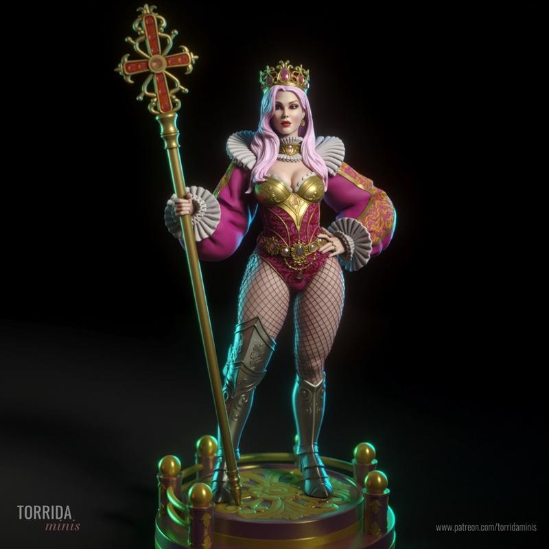 Queen Vanessa 3D model: regal female figure in gold bodice, pink leotard, fishnets, armor, crown, holding a staff.