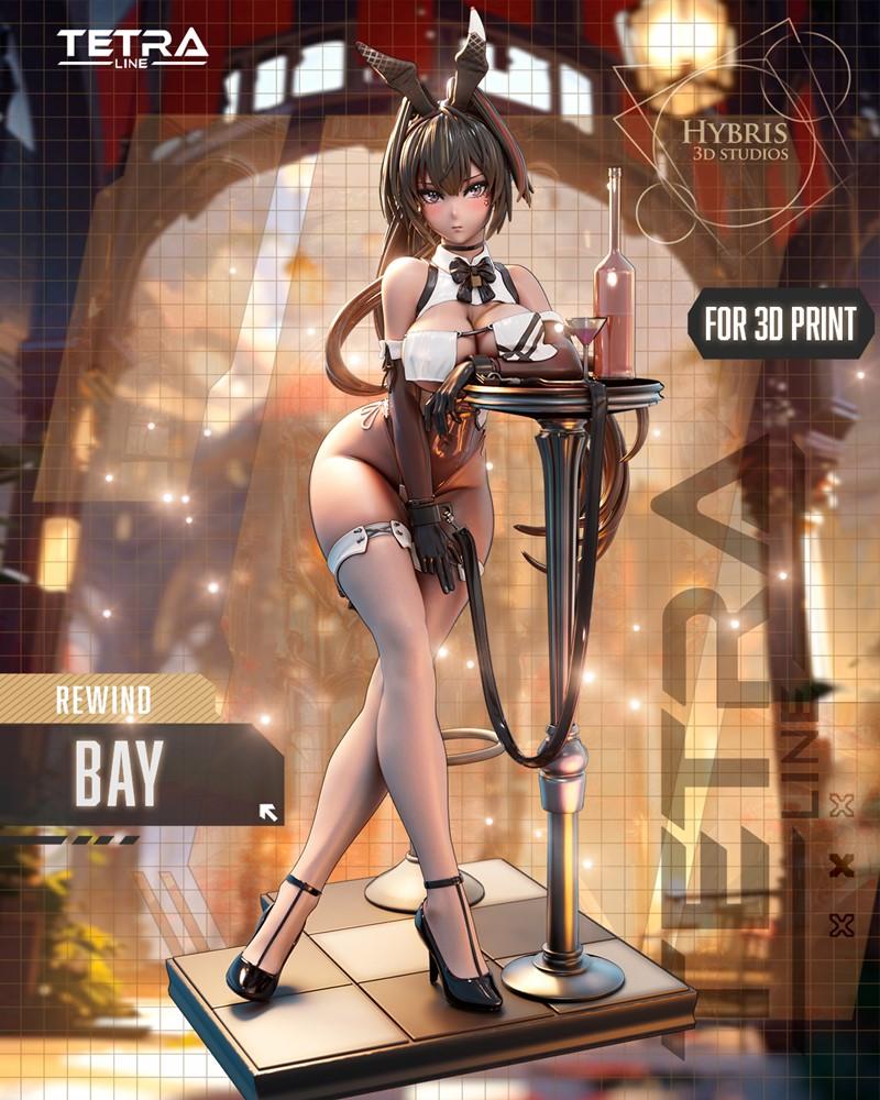Hybris Studios 3D model of Bay from Nikke Goddess of Victory, wearing a bunny-girl outfit and leaning on a bar table...