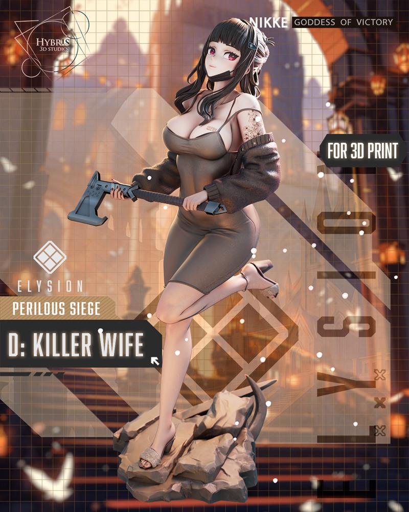 D: Killer Wife character figure from Nikke Goddess of Victory, holding an axe, wearing a tight dress and detached sle...