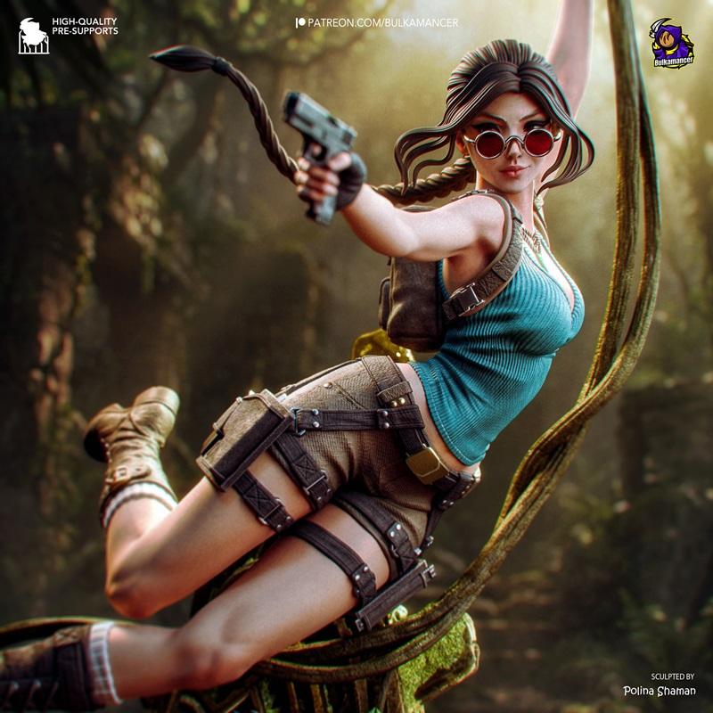 Lara Croft figure swinging on a vine, holding a pistol, wearing round sunglasses and adventurer outfit, jungle backgr...