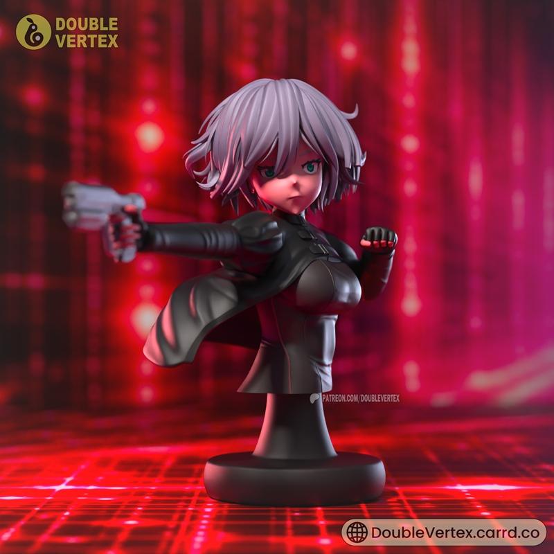 Bust of Alma from EX-ARM, a female anime character with short purple hair and blue eyes, wearing a black outfit and h...