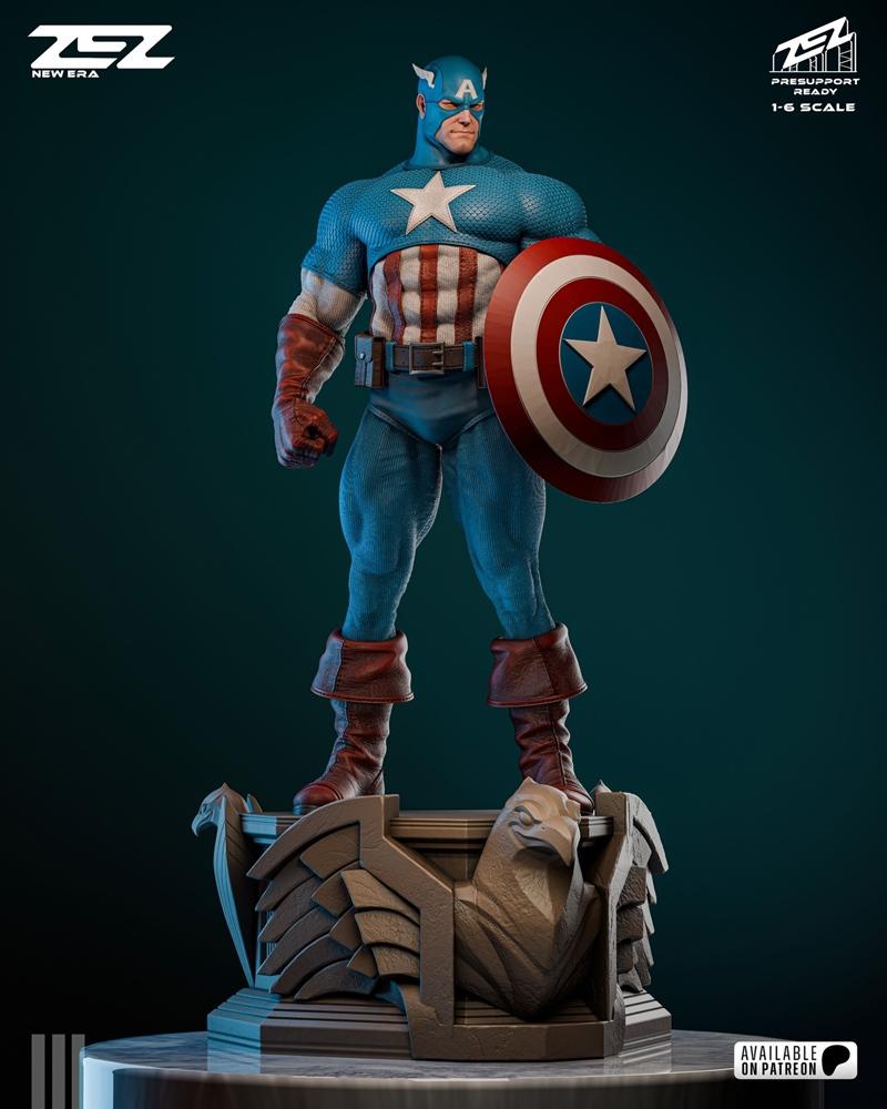 ZEZ Studio 1:6 scale 3D print model of Captain America holding his shield, standing on an ornate eagle-themed base.