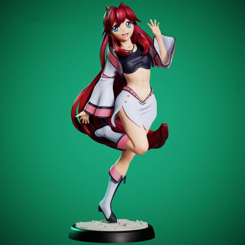 3D model of Dita Liebely, an anime character with long red hair, blue eyes, wearing a crop top and skirt, in a dynami...