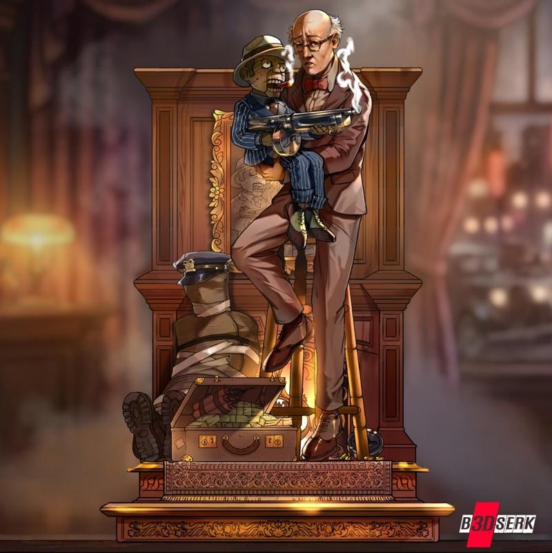 Man in a suit holding a zombie-like ventriloquist dummy with a tommy gun, next to a briefcase of money and a bound fi...