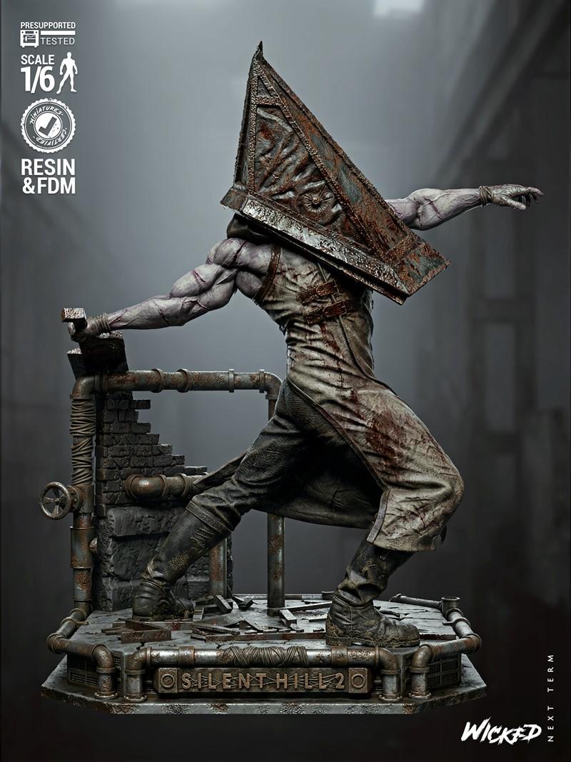 Pyramid Head figure from Silent Hill 2, posed dynamically with a large weapon, wearing a bloody apron and rusty helme...
